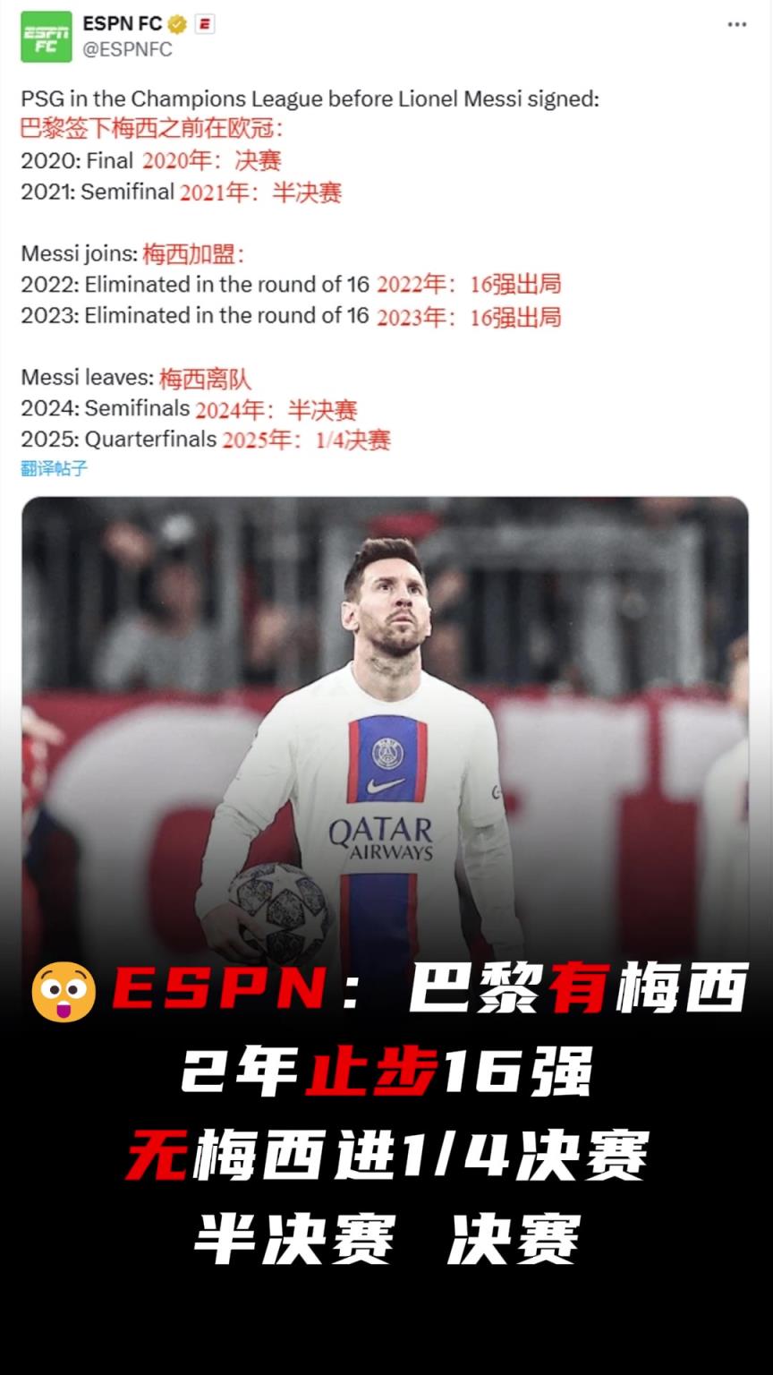 ESPN：巴黎有梅西2年止步16强，无梅西进1/4决赛